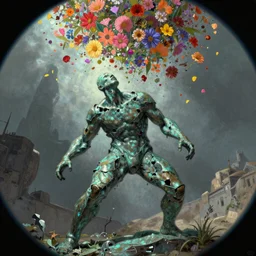 An epic fantastic realism comic book style painting of a distressed bronze sculpture from the future by Stanislaw Szukalski, beautiful colorful flowers rain from above, fisheye lens, unreal 5, DAZ, hyperrealistic, octane render, dynamic lighting