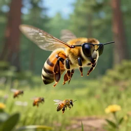 a muscular bee wearing sunglasses, flying back to hive in a forest landscape, photo realistic, small bees following the leader
