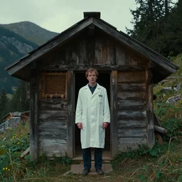 a plague doctor outside a cabin in the mountain, film still from the movie directed by wes anderson with art direction by zdzisław beksinski, wide lens