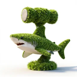 topiary shaped like a hammerhead shark, high detail photograph, full body, isolated on a pure white background, centered, entire subject in frame, sharp focus, soft studio lighting