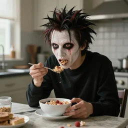 pinhead from hellraiser having cereal for breakfast in his private kitchen.