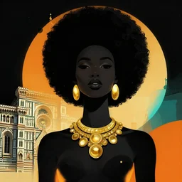 masterpiece high contrast black, gold, teal, orange, graphic illustration of a in an afro futurist florence courtyard, eco city block designed by by frank lloyd wright architect, plants and trees on walkways low buildings, green energy, bicycles,, bill sienkiewicz, giant agapanthus flower from buildings wide angle, insanely detailed and intricate