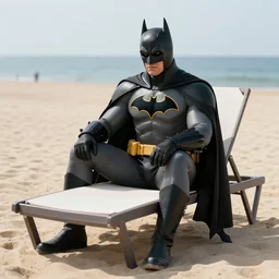 full body photo of batman, he is on a beach, he is sitting on a lounger while watching the sunset, by tuca reines, graphic studio design, high detail, unreal engine 5, trending on artstation