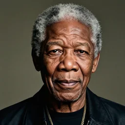 a studio photograph of Morgan Freeman as a rapper in 2022, portrait, 40mm lens, shallow depth of field, close up, split lighting, cinematic
