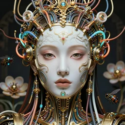 very beautiful woman integrating with technology, full face frontal centered, portrait, insipiring, detailed intricate ornate neon cables connected to head, very detailed eyes, beautiful lips. luxurious detailed abundent wiring and implants symmetrical porcelain mask, golen porcelain, renaissance, sci - fi, detailed technology background with cyber flowers and insects, dramatic lighting, photography, highly detailed, artstation, 8 k,
