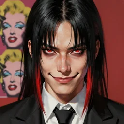 full face shot of a handsome butler with straight black hair, a red highlight, long bangs, with alligator eyes, creepy smile, fancy, ultra detailed, brush strokes, digital painting, cinematic, wlop artstation, pixiv, intimidating glare, yoshitaka amano, andy warhol, ultra realistic,