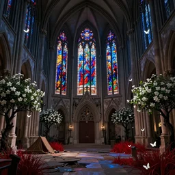 interior of the old cathedral, stained glass, gothic style,trees, bushes, dark mood,  white flowers, red grass, white Butterflies, damaged floor, night, moon light, camp, many colors, colorful, all colors, highly saturated colors, greg rutkowski, fantasy, detailed illustration, hd, 4k, digital art, overdetailed art, concept art, trending on artstation