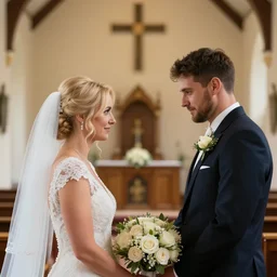 a blonde haired woman and a brunette haired man getting married at a chapel, high detail, 4 k uhd, 8 k, great detail, very detailed