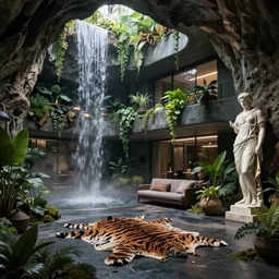 a futuristic apartment interior in the style of a waterfall cave, plants, tiger skin carpet, greek marble statue, high ceiling, dark moody lighting, foggy atmosphere, 16mm lens, by frank lloyd wright, octane rendering