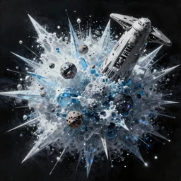 a beautiful matte painting of an asteroid of ice exploding in every direction of light glitter speckle, a large ominous spaceship floating