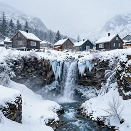 mountain village with wooden viking houses on top of a waterfall in the snow, blizzard,  a small stream runs beneath the waterfall, iceicles, landscape, raphael lacoste, eddie mendoza, alex ross, concept art, matte painting, highly detailed, rule of thirds, dynamic lighting, cinematic, detailed, denoised, centerd