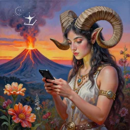 painting by josephine wall, horned ram goddess checking her cell phone, erupting volcano and sunset in distance, flowers in foreground, zodiac, fantasy, acrylic on canvas, intricately detailed, highly detailed, high resolution, hdr, 8 k, trending on artstation