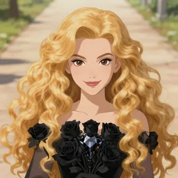 young vampire girl, goddess of obsidian diamonds and black roses, with long curly, golden hair, perfectly proportioned face, brown eyes, sweet smile, strong jawline, natural lighting, path traced, highly detailed, high quality, cartoon, digital painting, by new haicheng studio ghibli and riccardo federici and alphonse mucha