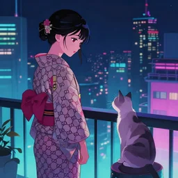 a woman wearing a gucci kimono standing on a balcony looking at a cat, cyberpunk art by torii kiyomasu, cgsociety, neo - romanticism, anime aesthetic, nightscape, retrowave