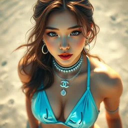 masterpiece portrait of a beautiful stunning girl, kpop, accessories, in sky blue reflective bikini, chanel jewelry, focus, beach, fantasy character portrait, dynamic pose, above view, top lighting, art by artgerm and charlie bowater and wenjun lin and gil elvgren, ilya kuvshinov, mary jane ansell, cryengine, lumion render, 8 k realistic, hyper detailed, digital painting, artstation, concept art, ray tracing, realistic shaded, perfect face