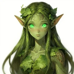 greg manchess anime portrait of a beautiful dryad with glowing green eyes and tree bark skin wearing clothes made of leaves, digital painting, by stanley artgerm lau, sakimichan, wlop and rossdraws, digtial painting, pixiv fanbox