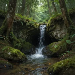 small water stream flowing out of a cave entrance in the middle of a forest, fantasy, art by greg rutkowski