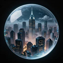 gigantic city, in diamond glass orb, city inside is distorted by light refraction, night fog, clouds, pixel art