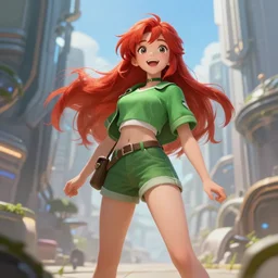beautiful cute red haired joyful and playful nineteen year old maiden standing up in casual green clothing, long hair, cute pose, athletic body, modern city, rpg character, sci - fi, fantasy, intricate, elegant, digital painting, artstation, concept art, smooth, 8 k frostbite 3 engine, ultra detailed, art by artgerm and greg rutkowski and magali villeneuve
