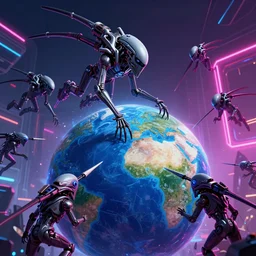 a matte painting of mass effect Reapers invading earth, vaporware aesthetic, neon geometry, brilliant colors, very coherent, futuristic, trending on artstation, in the style of Alena aenami by Alex grey, HD, 4k, 8k