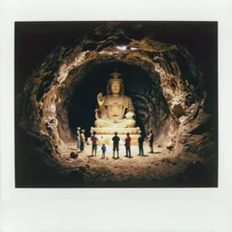 tiny people worshiping a massive statue inside of a huge excavated cave, dark, old polaroid, expired film, surreal, megalophobia,