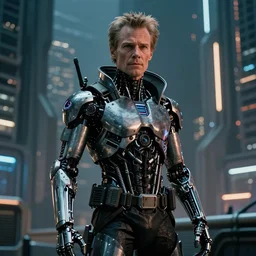 william dafoe as a cyborg in a cyberpunk story in a distopic futuristic city in the style of bladerunner, movie still, highly detailed