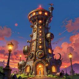 final fantasy, tower, steampunk, glowing lights, epic fantasy, colorfully, digital art, highly saturated colors, concept art, detailed illustration, hd, 4 k, digital art, greg rutkowski, dan mumford, studio ghibli trending on artstation