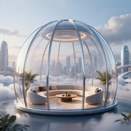 a lounge inside a futuristic glass dome house designed by zaha hadid, futuristic city background, clouds, octane render, ray tracing