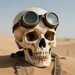 skull wearing antique goggles in the desert, 4 k, highly detailed, apocalyptic