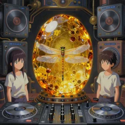 surreal gouache painting, by yoshitaka amano, by ruan jia, by Conrad roset, by good smile company, detailed anime 3d render of big transparent amber stone  in the center of the screen  with a  magical dragonfly inside.  dragonfly inside  an amber stone,  amber stone on the Dj mixer, Surrounded by a big DJ Mixer, Controller deck,  portrait, cgsociety, artstation, rococo mechanical and Digital  and electronic, dieselpunk atmosphere