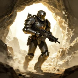armor - plated soldier carrying a plasma rifle, running through a brightly lit cave, art by emmanuel shiu