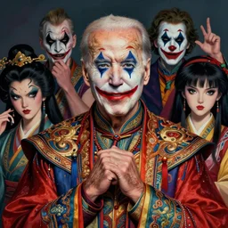 photorealistic portrait of joe biden wearing intricate shao khan costume, bizarre voodoo makeup, clown makeup, by amano, karol bak, greg rutkowski, and akira toriyama, tonalism, hyperrealistic, artgerm, masterpiece.