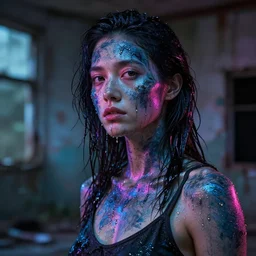 woman covered by oil neon light, abandoned, h. r. richard doyle style, high - detail, realistic, cinematic, octane render, 8 k