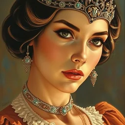 clothed in blouse, tiara, necklace, earrings. close - up face portrait painting of 7 0 s sci - fi princess, rule of third, intricate details, by frank frazetta.