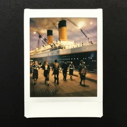 inside the titanic in 1970, watching people walking, color photo polaroid photo