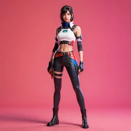 full body view portrait view high quality render realistic high detail cinematic digital concept art of a young woman dressed in stylish future clothing with face visible by artgerm and greg rutkowski and marc simonetti, artstation trending, vibrant colour, blank background, valorant, fortnite