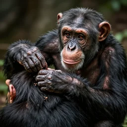 chimpanzee grooming human, chimpanzee picking lice out of person's hair, photograph
