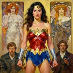 oil painting of Jennifer Connely as wonder woman by Simon Stålenhag, by Stanley Artgerm Lau, Greg Rutkowski, Thomas Kinkade ,Alphonse Mucha, Loish, Norman Rockwell ,trending on artstation , rule of thirds, Highly detailed, anatomically correct, dramatic lighting, fashion, oil on canvas