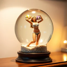 snow globe on mantel has a trapped sexy female beach volleyball player in bikini holding ball inside, depth of field