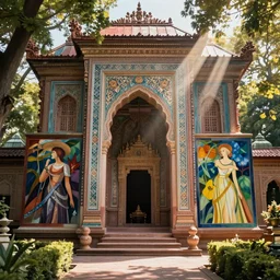 beautiful ancient temple in a formal garden. by nicholas roerich and edmund dulac and maxfield parrish. ornate carvings, geometric decorations. rich color. dramatic cinematic lighting with god rays. extremely clear and detailed. smooth cell shaded.