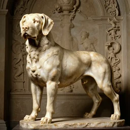 photo of pugalier dog sculpture, by caravaggio, immense detail, intricate background