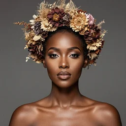 fine art photo of the beauty goddess zozibini tunzi, she has a crown of dried flowers, by oleg oprisco