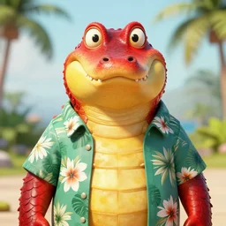 in the style of taran fiddler, loish and ross tran, cartoon anthropomorphic alligator, symmetrical face, symmetrical eyes, red scales on his back, yellow scale on his belly and chest, male, waring a hawaiian shirt, cgsociety
