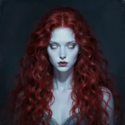 a portrait of a ice queen with long dark curly red hair, stoic, pale skin, alone, white eyes, dramatic, epic painting, painting by wlop, nixeu and sakimichan, semirealism, artstation, octane render, sharpness, 8 k, golden ratio