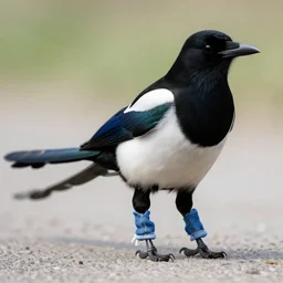 a magpie wearing tiny jeans fitted to its bird legs, award winning photograph