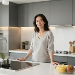 mother standing in modern kitchen