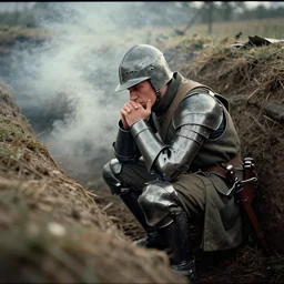 smoke, tilt shift wwi knight god pondering over a dug out trench, dramatic light, zdzidaw, ultrafine, hyperrealistic, vintage, retro, 3 5 mm film still, movie