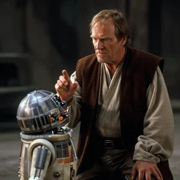 alec guiness as obi - wan kenobi saying that these aren't the droids you're looking for, movie still, photo realistic, dramatic,