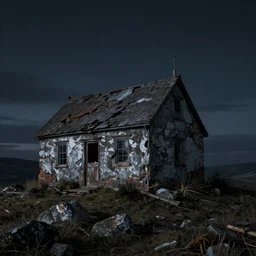 A singular rotting cottage on a mountaintop at night, by Lee Madgwick, hyperrealistic, V-Ray 8k UHD