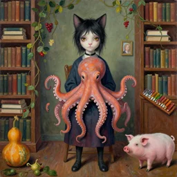 tall emo catgirl artist holding an octopus, in a library, books, small portraits, gourds, berries, vines, pigs, xylophone, acrylic on canvas, surrealist, by magritte and monet